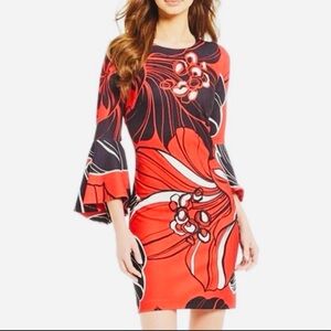Calvin Klein Red and Black Floral bell sleeves knee length dress Sz 4